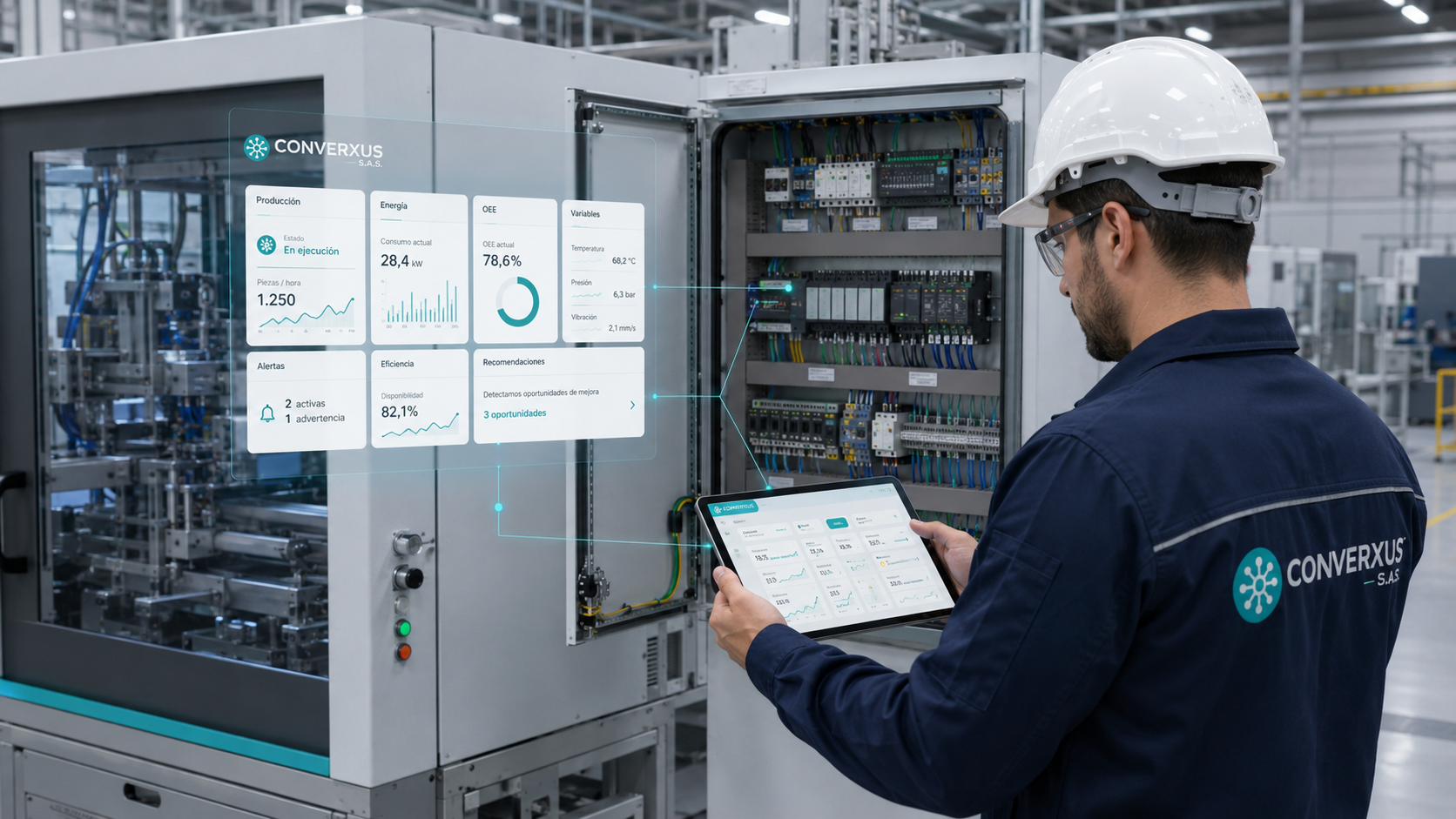 Diagnóstico industrial 360 con ingeniero analizando planta tableros variables y oportunidades de mejora