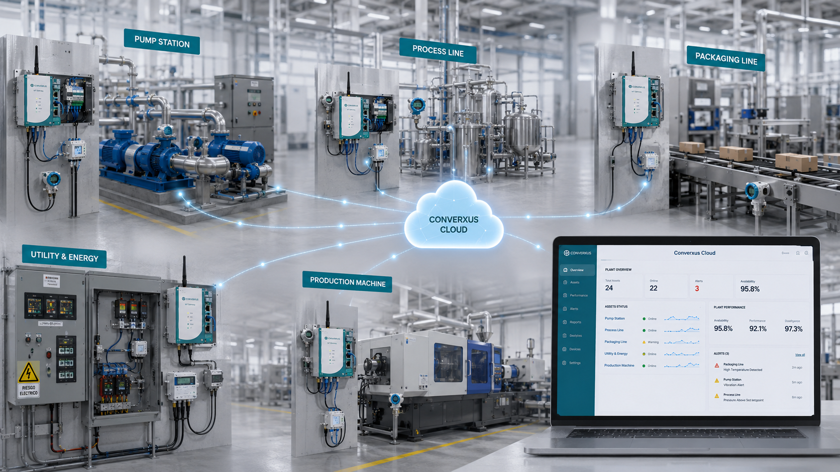 Internet de las cosas industrial IIoT con sensores remotos conexión inalámbrica y monitoreo en la nube