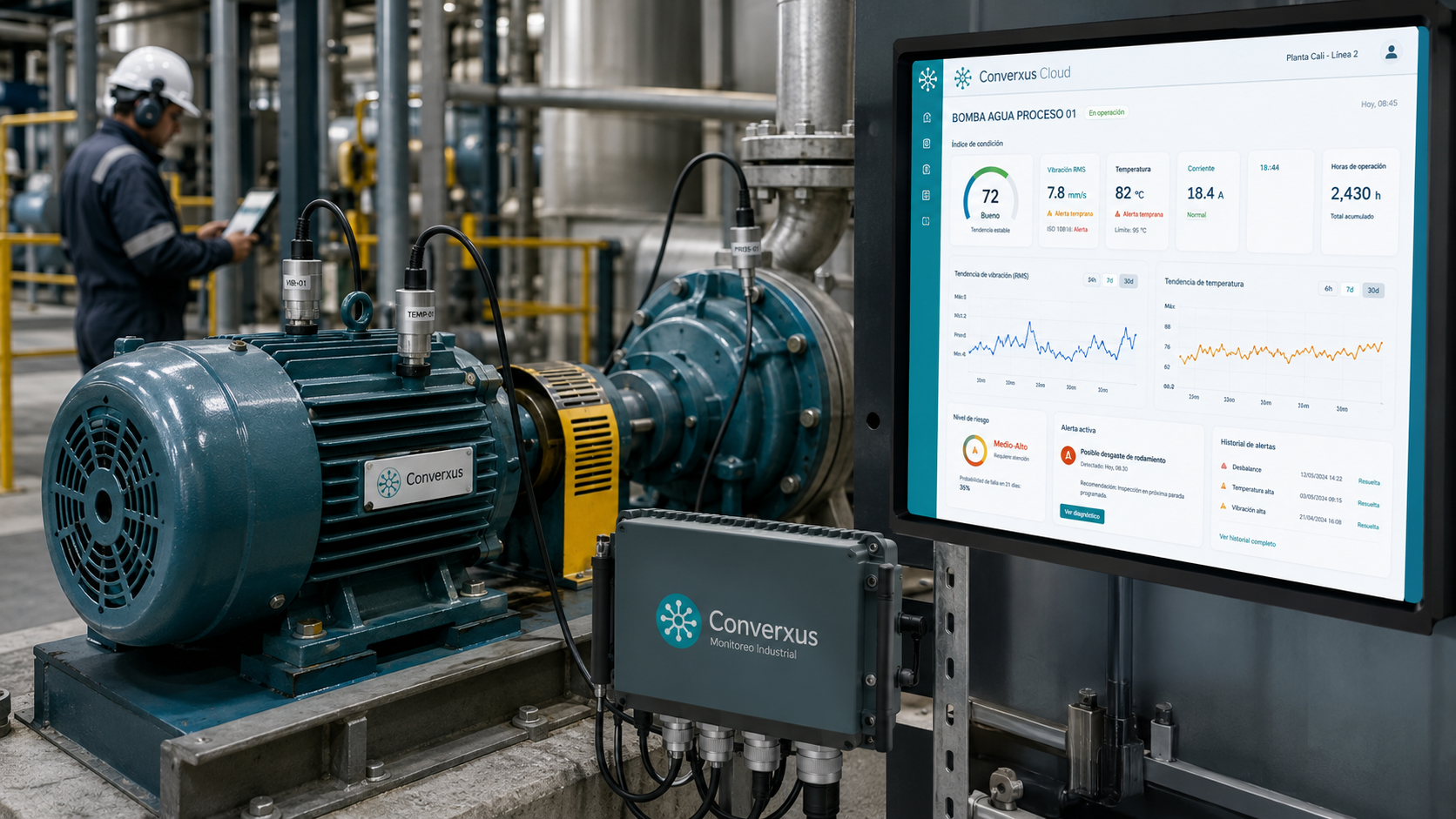 Mantenimiento predictivo industrial con sensores de vibración temperatura y alertas de falla