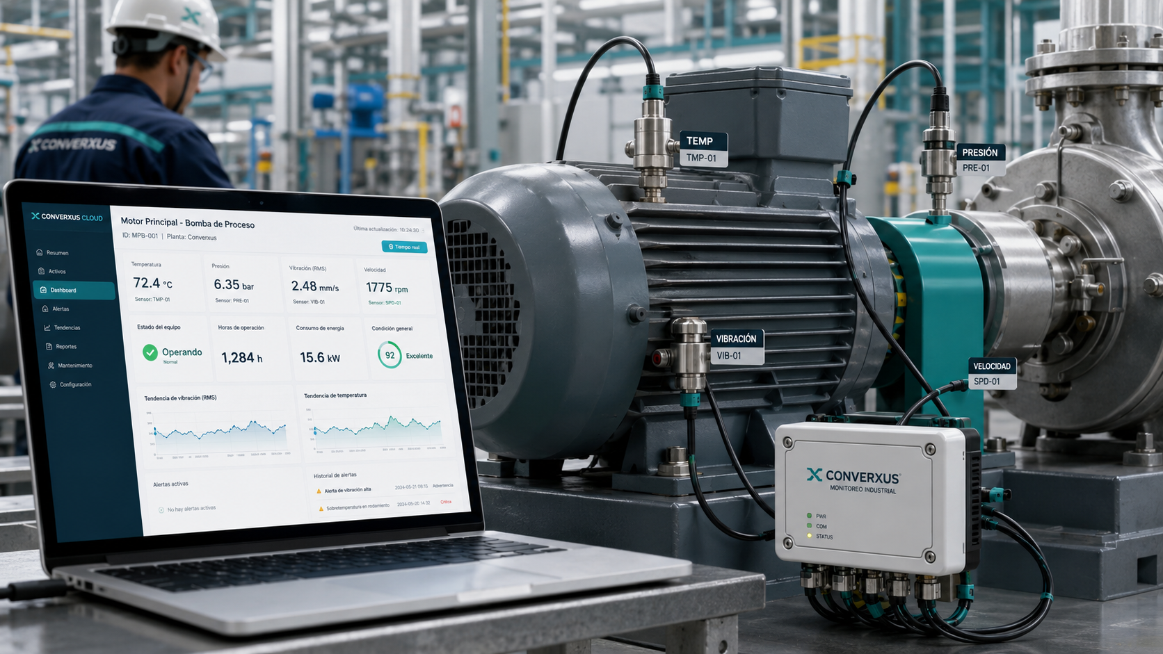 Monitoreo de maquinaria industrial con sensores variables críticas y datos en tiempo real