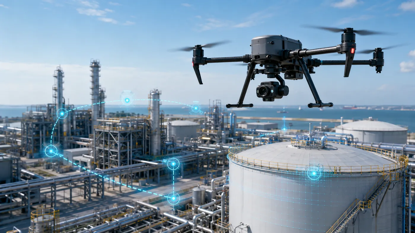 Dron industrial aéreo en jaula protectora para inspecciones en espacios confinados