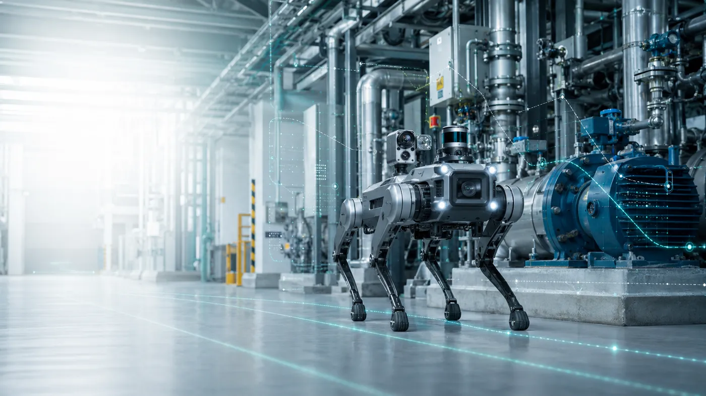 Robot cuadrúpedo móvil autónomo realizando inspección en planta industrial