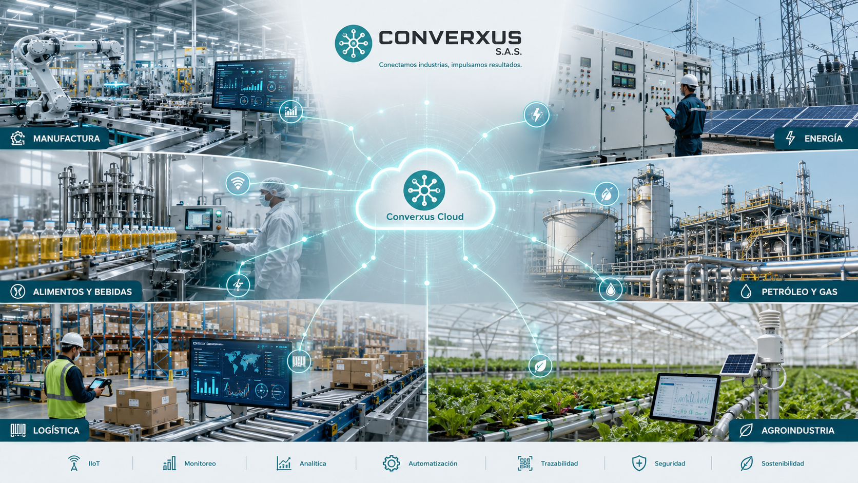 Sectores industriales atendidos por Converxus manufactura energía alimentos petróleo logística y agroindustria