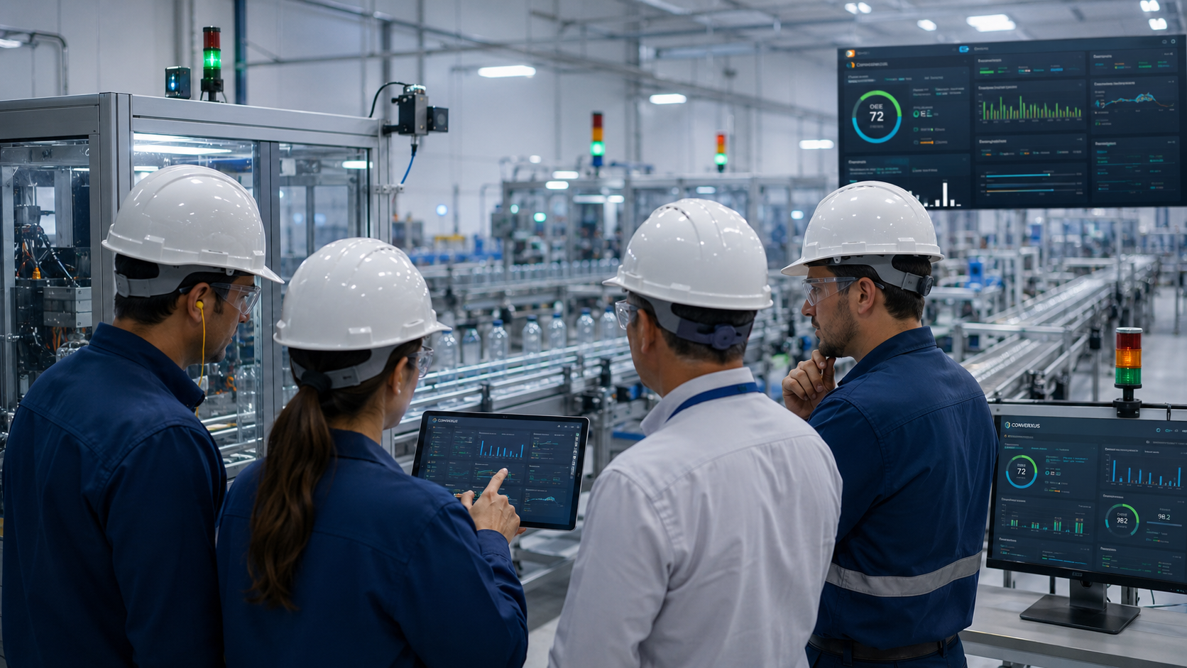 Ingenieros Converxus en planta verificando tableros e indicadores industriales