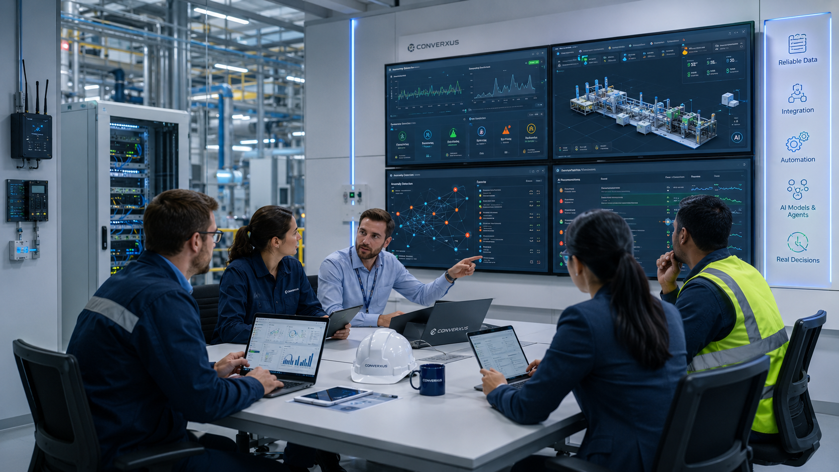 Equipo técnico Converxus en reunión de consultoría analizando datos industriales