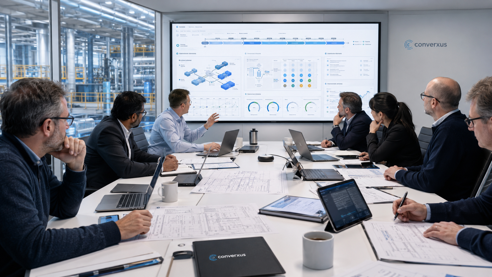 Equipo de ingenieros Converxus presentando un roadmap técnico industrial con dashboards y arquitectura de datos