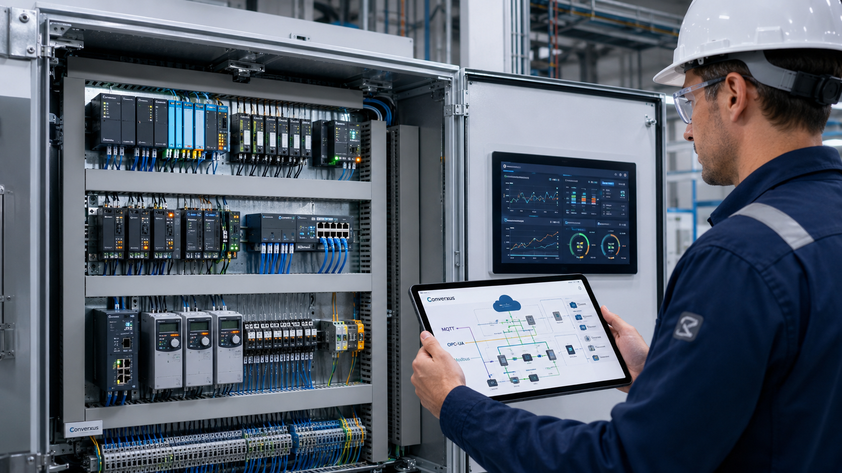 Ingeniero Converxus inspeccionando gabinete de control e instrumentación IIoT